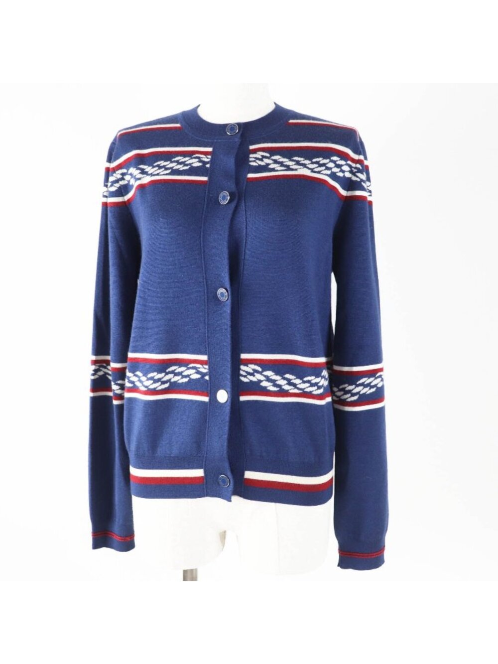 Hermes Cashmere Silk Canoe Chain Anchor Sellier Buttons Cardigan Navy 38